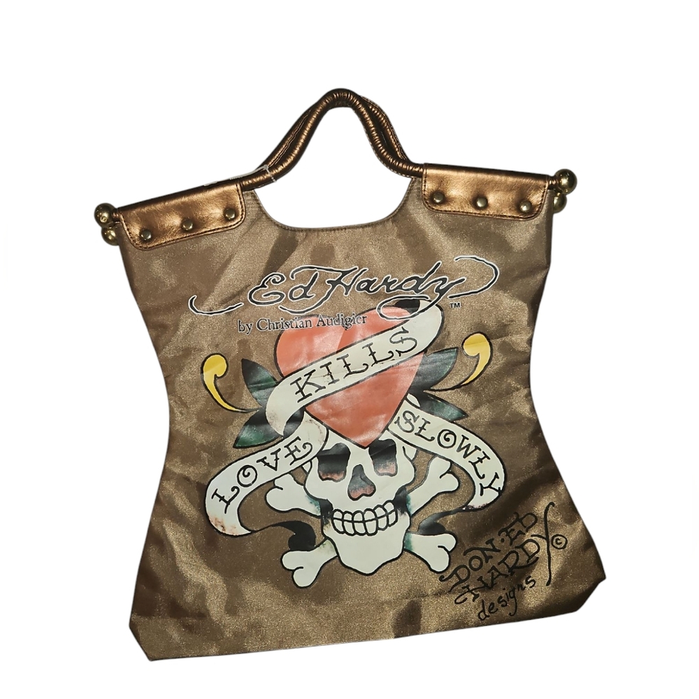 Ed Hardy Graphic Tote with Skull and Heart Signature Design